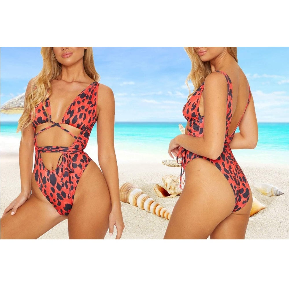 Sovoyontee One piece leopard print swimsuit. Coral color with black.